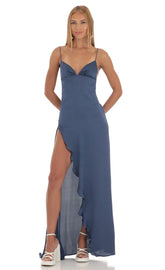 Satin Ruffle Maxi Dress in Blue