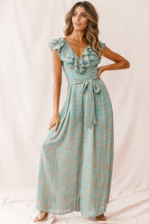 Marcia Ruffle Strap Wide Leg Jumpsuit Floral Print Sage