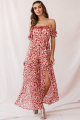 Jazz Bardot Neckline Wide Leg Split Jumpsuit Red