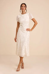 Bridget Ivory Floral Jacquard Puff Sleeve Midi Dress