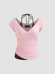 Halter Neckline Patchy Short Sleeve Top