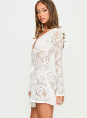 Gold Dust Crochet Tie-Up Mini Dress Cream