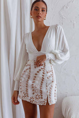 Sunsets In Tahiti Deep V-Neckline Lantern Sleeve Bodysuit White