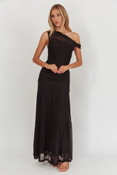 Lylah Asymmetric Neckline Mesh Maxi Dress Black
