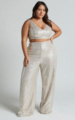 Abela Two Piece Set - Crop Top and Wide Leg Pants Set in Silver Sequin