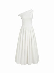 Cotton-blend Asymmetrical Neck Ruched Twist Pleated Maxi Dress