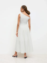 Cotton-blend Asymmetrical Neck Ruched Twist Pleated Maxi Dress