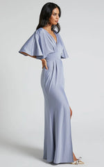 Gemalyn Maxi Dress - Angel Sleeve V Neck Split Dress in Sky Blue