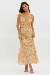 Second Chances Ruffle Trim Maxi Dress Flowers Yellow