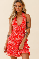 Venezuela Ruffle Trim Tie-Back Halterneck Dress Floral Print Red/White