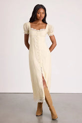 Crissa Cream Lace Textured Puff Sleeve Midi Dress