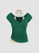 Halter Neckline Patchy Short Sleeve Top