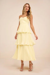 Seriously Sensational Light Yellow Strapless Tiered Midi Dress