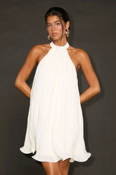 Vaivah Ivory Satin Plisse Mock Neck Swing Mini Dress