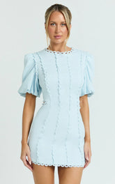 Laila Mini Linen Blend Dress - High Neck Side Cut Out Puff Sleeve Straight Dress in Blue