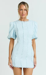 Laila Mini Linen Blend Dress - High Neck Side Cut Out Puff Sleeve Straight Dress in Blue