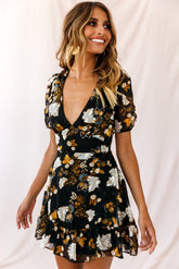Georgina Ruched Sleeve Tea Dress Black