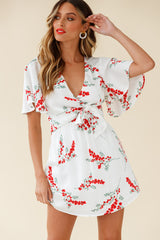 Stealing Hearts Flutter Sleeve Wrap Front Dress Floral Print White