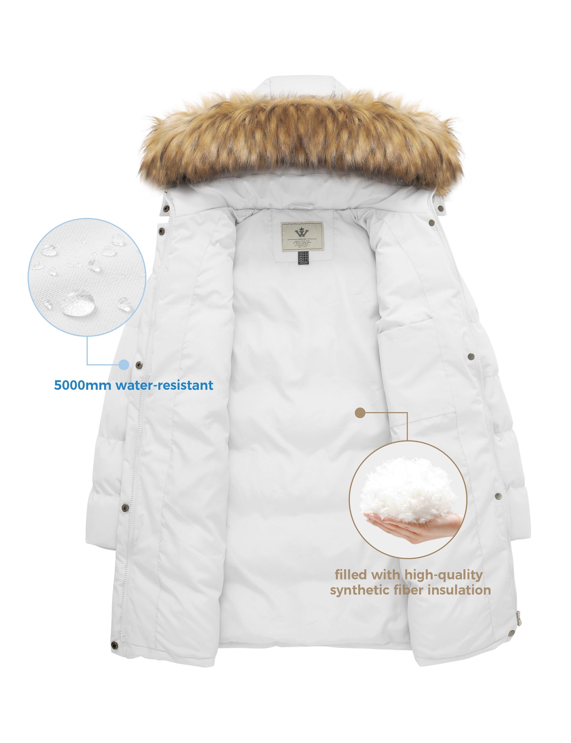 Women'S Winter Coat Hooded Puffer Jacket Warm Waterproof Puffer Coat White L