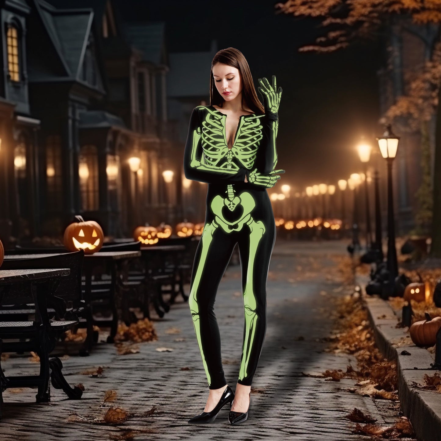 Glow in the Dark Skeleton Costume for Adults Women Halloween Dress up Party Role Playing Cosplay