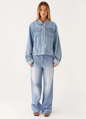 Back Again Oversized Denim Jacket - Light Wash Blue