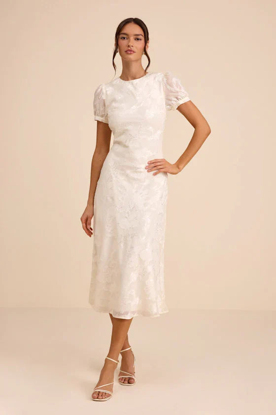 Bridget Ivory Floral Jacquard Puff Sleeve Midi Dress