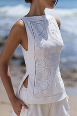 White Cotton Placement Lace Broderie Anglais Boat Neck Top