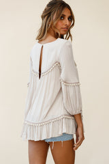 Marionette Three-Quarter Sleeve Pom-Pom Top Beige
