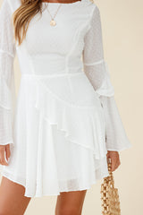 Carlini Flared Sleeve Boat Neckline Dress White