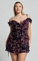 Aletta Mini Dress - Strappy Off Shoulder Cowl Neck Dress in Burn Out Floral
