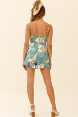 Janie Ruched Bust Ruffle Hem Romper Floral Print Sage