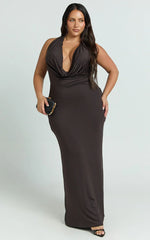 Sylvana Maxi Dress - Cowl Halter Neck Bodycon Dress in Chocolate