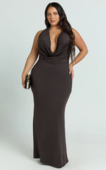 Sylvana Maxi Dress - Cowl Halter Neck Bodycon Dress in Chocolate