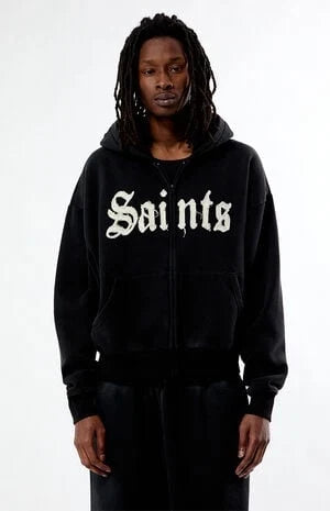 Pacsun Saints Raw Applique Cropped Full Zip Hoodie