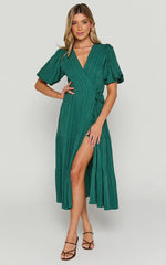 Junmae Midi Dress - Tiered Waffle Wrap Dress in Forest Green