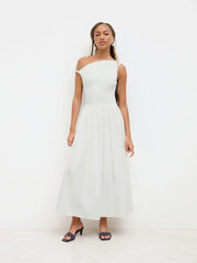 Cotton-blend Asymmetrical Neck Ruched Twist Pleated Maxi Dress