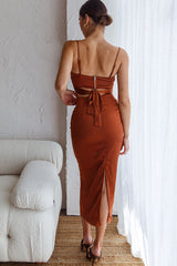 Desert Skies Ruched Drawstring Satin Midi Skirt Chocolate