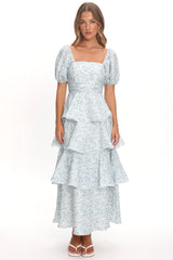 Giavana Puff Sleeve Layered Maxi Dress Floral Blue