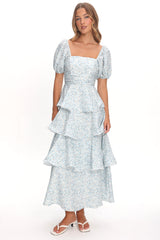 Giavana Puff Sleeve Layered Maxi Dress Floral Blue