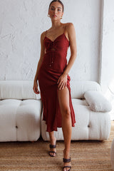 Fondest Memories Ruched Drawstring Bust Lace-Up Back Midi Dress Brown