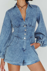 South Beach Long Sleeve Collared Romper Denim