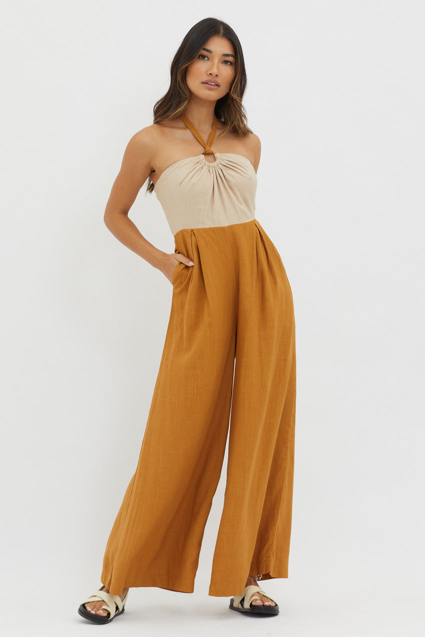 Maryn Wide Leg Halterneck Jumpsuit Mocha