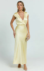 Hailey Midi Dress - Cap Sleeve V Neck Dress in Lemon