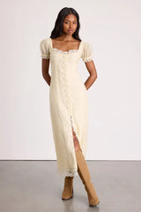 Crissa Cream Lace Textured Puff Sleeve Midi Dress