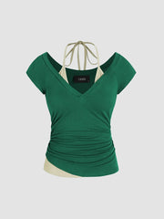 Halter Neckline Patchy Short Sleeve Top