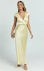 Hailey Midi Dress - Cap Sleeve V Neck Dress in Lemon