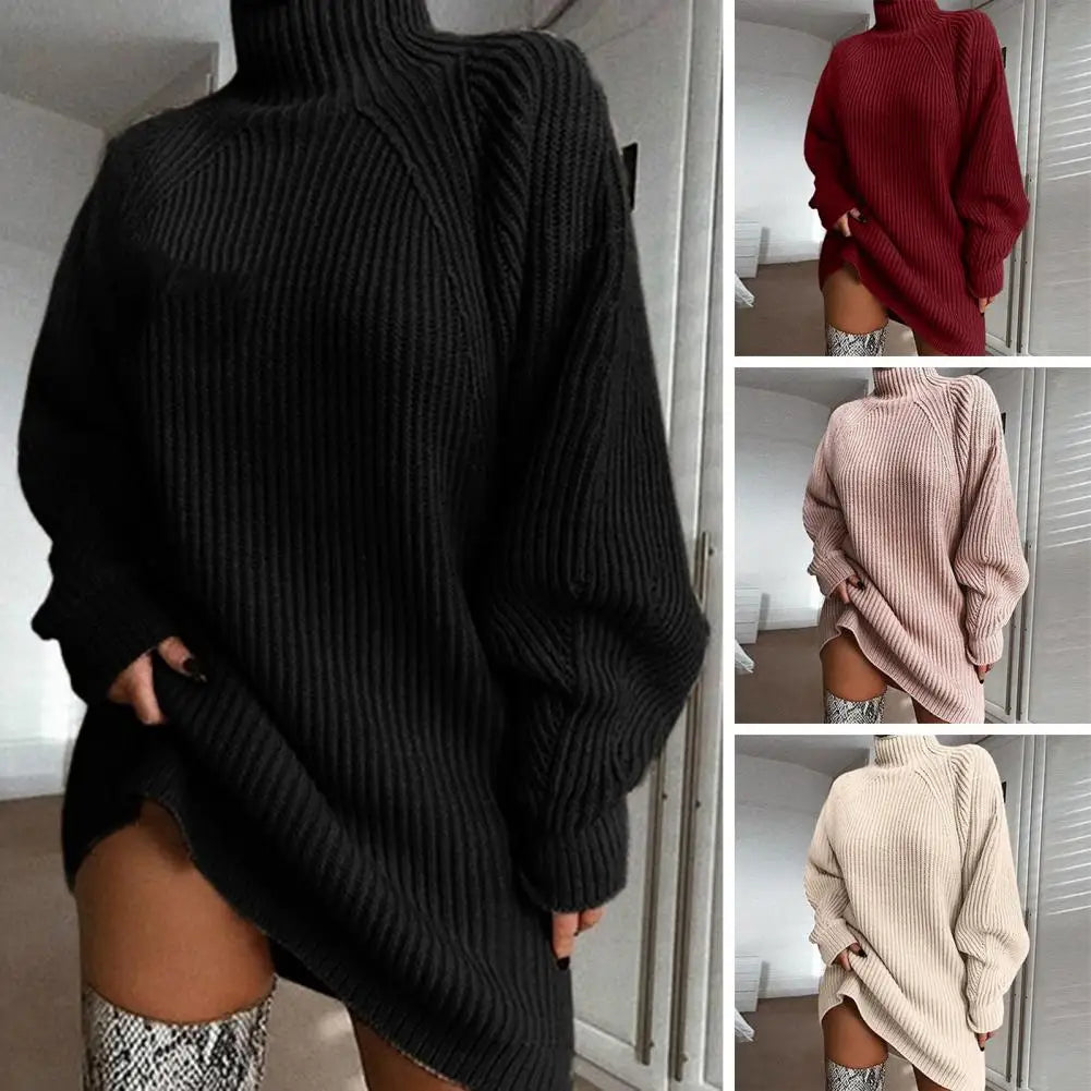 1Pc Autumn Winter Sweater Dress Loose Fit Warm Women Sweater Dress Stylish High Collar Women'S Sweater Dress for Autumn Winter