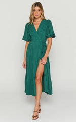 Junmae Midi Dress - Tiered Waffle Wrap Dress in Forest Green
