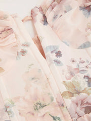 Chiffon Floral Bowknot Layered Ruffle Hem Mini Dress