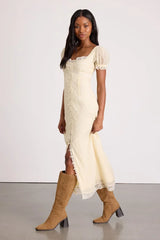 Crissa Cream Lace Textured Puff Sleeve Midi Dress